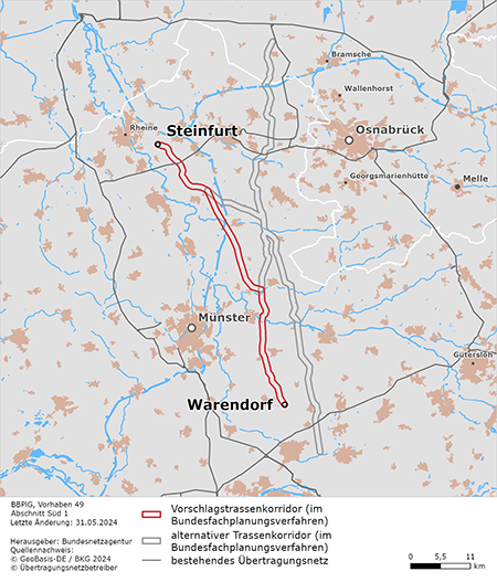 möglicher Trassenverlauf des Abschnitts Steinfurt – Warendorf des BBPlG-Vorhabens 49