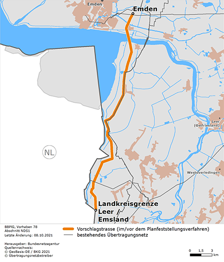 möglicher Trassenverlauf des Abschnitts NDS1 Emden Ost - Landkreisgrenze Leer/ Emsland des BBPlG-Vorhabens 78