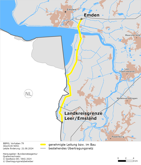 Trassenverlauf des Abschnitts NDS1 Emden Ost - Landkreisgrenze Leer/ Emsland des BBPlG-Vorhabens 79 Trassenverlauf des Abschnitts NDS1 Emden Ost - Landkreisgrenze Leer/ Emsland des BBPlG-Vorhabens 79