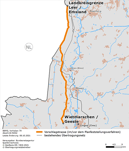 möglicher Trassenverlauf des Abschnitts NDS2 Landkreisgrenze Leer/ Emsland - Wietmarschen/Geeste des BBPlG-Vorhabens 79