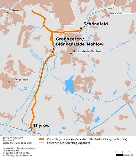 möglicher Trassenverlauf des Abschnitts A von Thyrow nach Schönefeld einschließlich eines Abzweigs von Großbeeren/Blankenfelde-Mahlow bis zur Berliner Stadtgrenze des BBPlG-Vorhabens 87 möglicher Trassenverlauf des Abschnitts A von Thyrow nach Schönefeld einschließlich eines Abzweigs von Großbeeren/Blankenfelde-Mahlow bis zur Berliner Stadtgrenze des BBPlG-Vorhabens 87