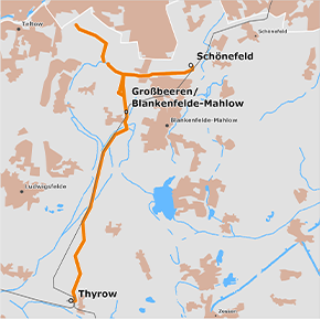 möglicher Trassenverlauf des Abschnitts A von Thyrow nach Schönefeld einschließlich eines Abzweigs von Großbeeren/Blankenfelde-Mahlow bis zur Berliner Stadtgrenze des BBPlG-Vorhabens 87