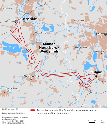 möglicher Trassenverlauf der Leitung Lauchstädt – Leuna / Merseburg / Weißenfels – Pulgar (BBPlG-Vorhaben 93) möglicher Trassenverlauf der Leitung Lauchstädt – Leuna / Merseburg / Weißenfels – Pulgar (BBPlG-Vorhaben 93)