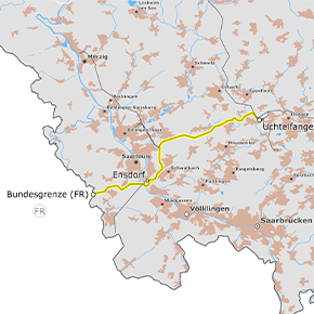 Trassenverlauf der Leitung Uchtelfangen – Ensdorf – Bundesgrenze Frankreich (BBPlG-Vorhaben 97) Trassenverlauf der Leitung Uchtelfangen – Ensdorf – Bundesgrenze Frankreich (BBPlG-Vorhaben 97)