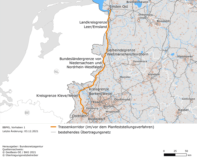 Trassenverlauf der Leitung Emden Ost – Osterath (BBPlG-Vorhaben 1)