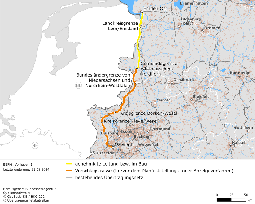 Trassenverlauf der Leitung Emden Ost – Osterath (BBPlG-Vorhaben 1)