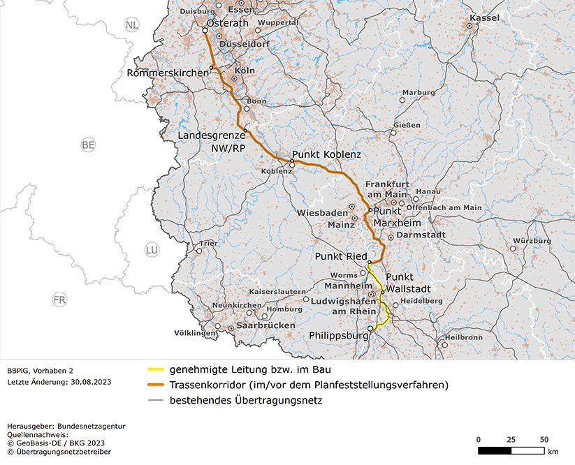 möglicher Trassenverlauf der Leitung Osterath – Philippsburg (BBPlG-Vorhaben 2)