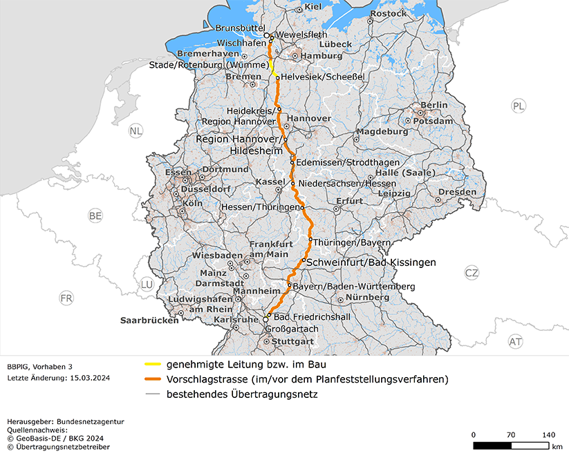 möglicher Trassenverlauf der Leitung Brunsbüttel – Großgartach (BBPlG-Vorhaben 3)