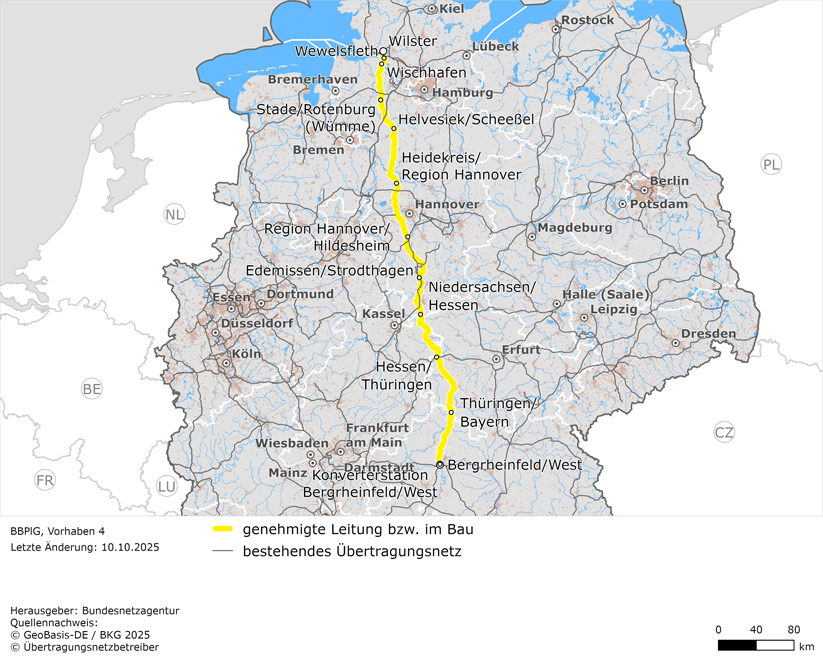Trassenverlauf der Leitung Wilster – Bergrheinfeld/West (BBPlG-Vorhaben 4) Trassenverlauf der Leitung Wilster – Bergrheinfeld/West (BBPlG-Vorhaben 4)