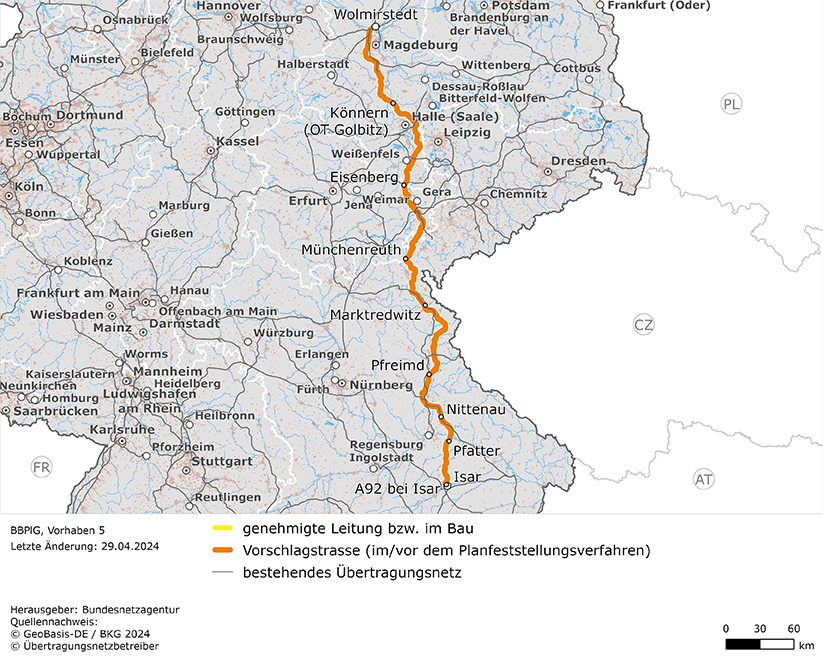 möglicher Trassenverlauf der Leitung Wolmirstedt  –  Isar (BBPlG-Vorhaben 5)