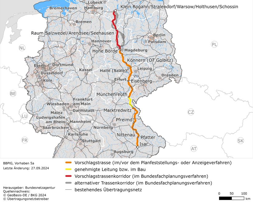 möglicher Trassenverlauf zwischen Klein Rogahn/Stralendorf/Warsow/Holthusen/Schossin und Isar (BBPlG-Vorhaben 5a)