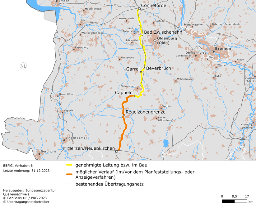 (möglicher) Trassenverlauf der Leitung Conneforde – Landkreis Cloppenburg – Merzen/Neuenkirchen (BBPlG-Vorhaben 6)