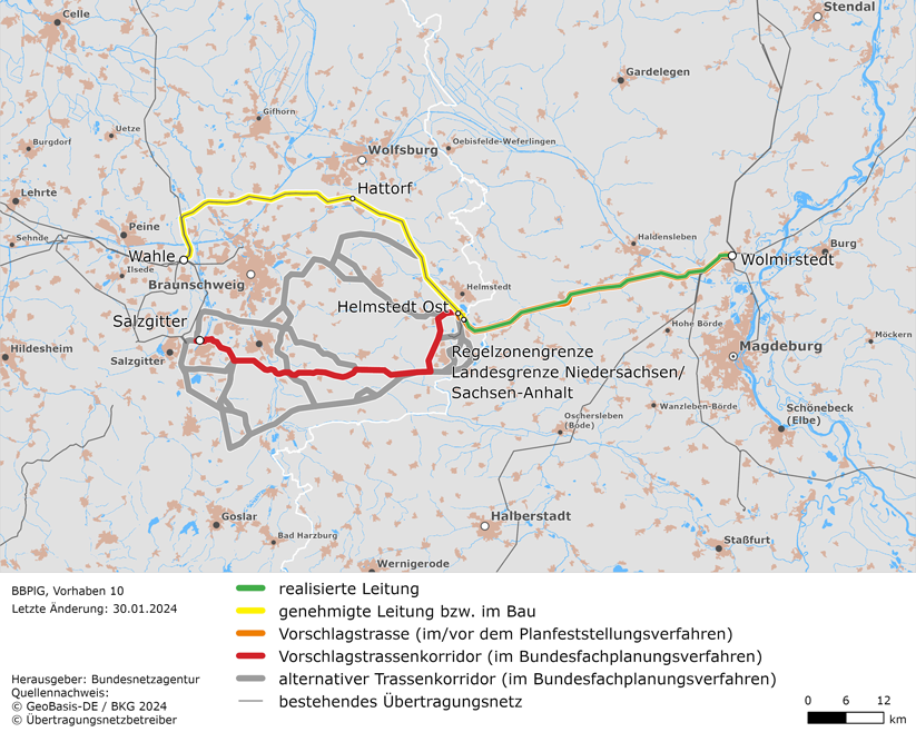 (möglicher) Trassenverlauf bzw. Luftlinie zwischen den Netzverknüpfungspunkten Wolmirstedt, Helmstedt Ost und Wahle (BBPlG-Vorhaben 10)