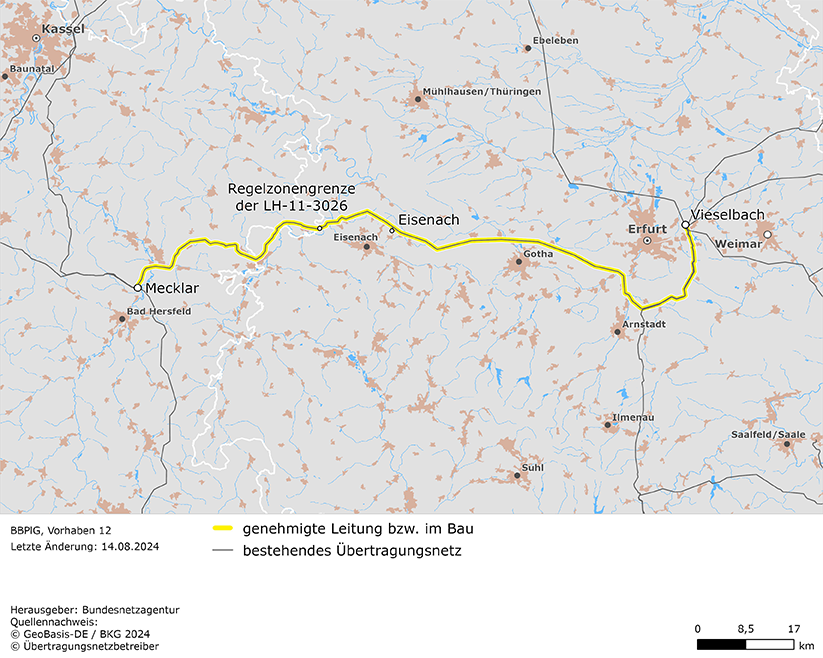 möglicher Trassenverlauf der Leitung Vieselbach – Eisenach – Mecklar (BBPlG-Vorhaben 12)