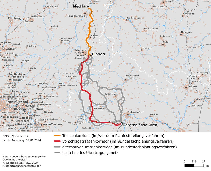 möglicher Trassenverlauf der Leitung zwischen den Netzverknüpfungspunkten Mecklar und Bergrheinfeld West (BBPlG-Vorhaben 17)