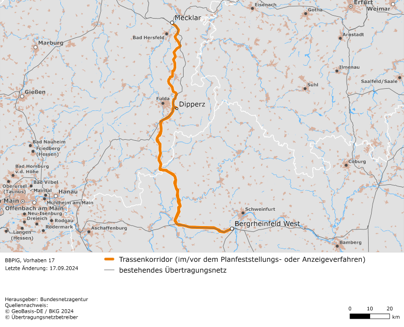 möglicher Trassenverlauf der Leitung zwischen den Netzverknüpfungspunkten Mecklar und Bergrheinfeld West (BBPlG-Vorhaben 17) möglicher Trassenverlauf der Leitung zwischen den Netzverknüpfungspunkten Mecklar und Bergrheinfeld West (BBPlG-Vorhaben 17)