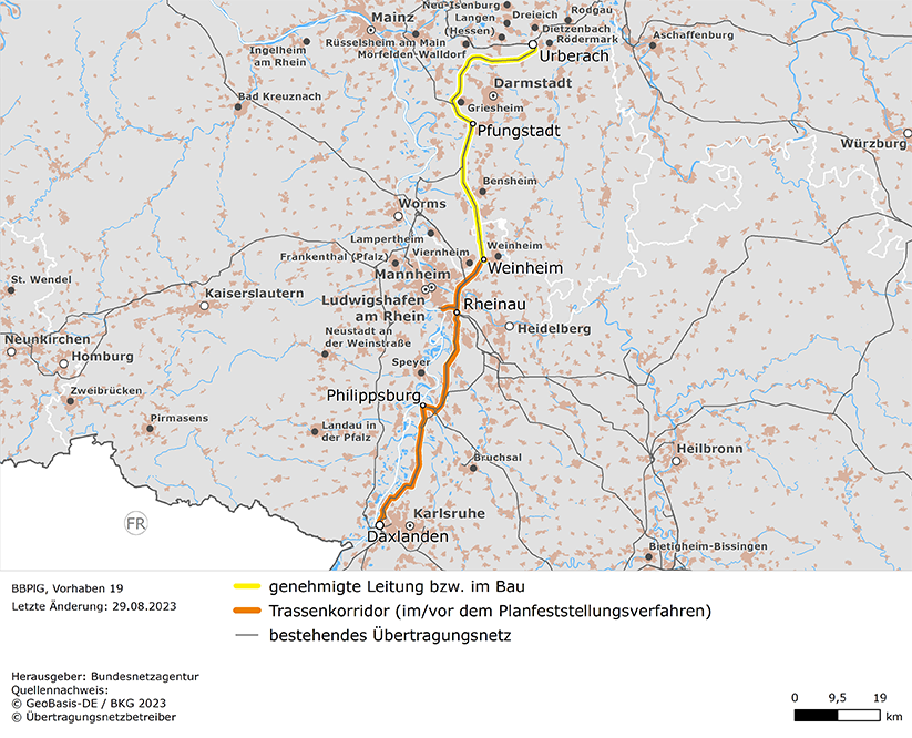 möglicher Trassenverlauf der Leitung Urberach – Pfungstadt – Weinheim – Punkt G380 – Altlußheim – Daxlanden (BBPlG-Vorhaben 19)