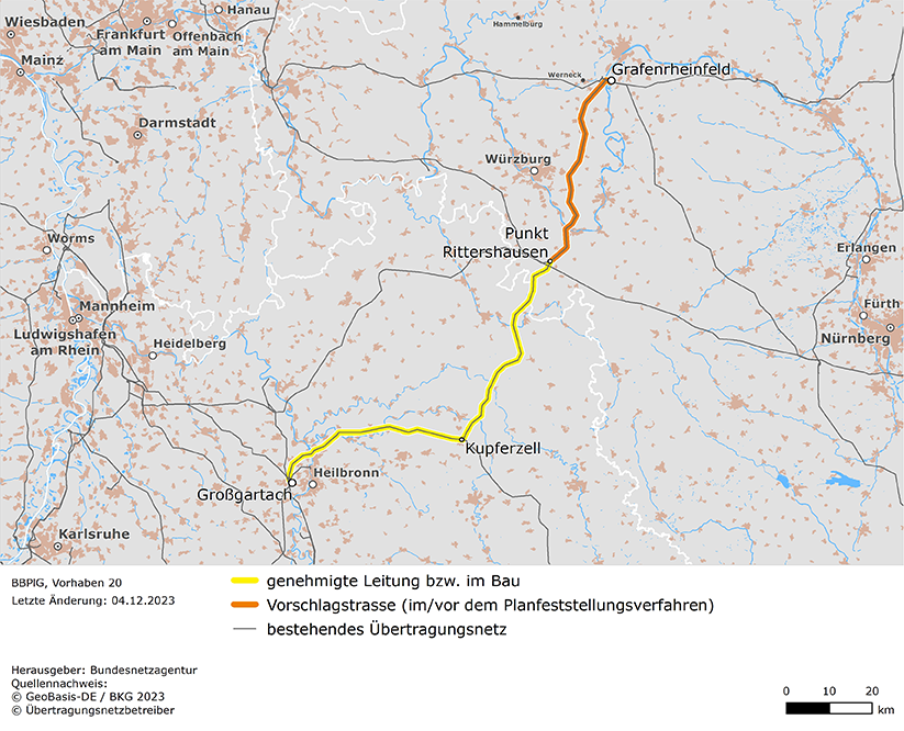 möglicher Trassenverlauf der Leitung Grafenrheinfeld – Kupferzell – Großgartach (BBPlG-Vorhaben 20)