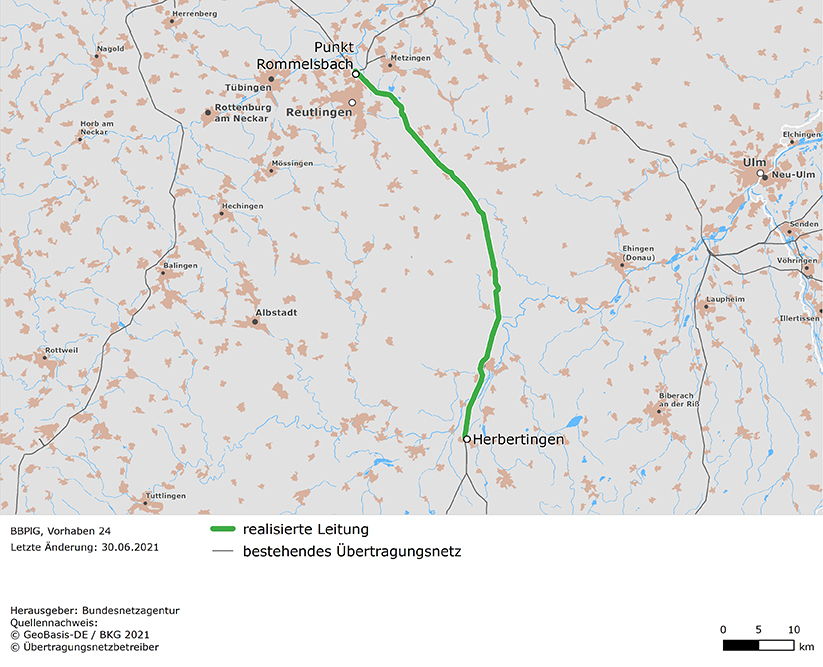 Trassenverlauf der Leitung Punkt Rommelsbach – Herbertingen (BBPlG-Vorhaben 24)