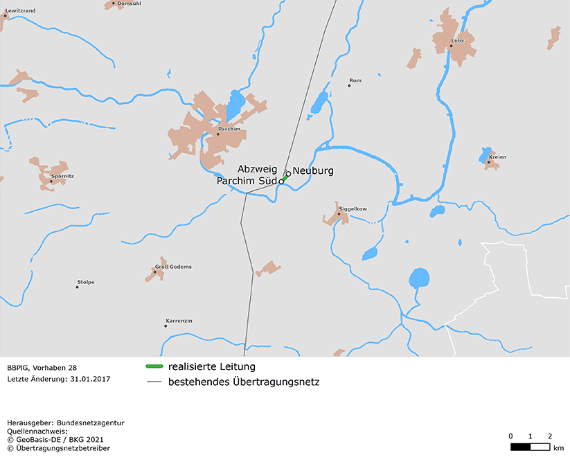 Trassenverlauf der Leitung Abzweig Parchim Süd – Neuburg (BBPlG-Vorhaben 28)