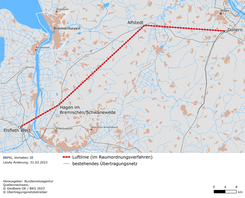 Luftlinie zwischen den Netzverknüpfungspunkten Dollern und Elsfleth West (BBPlG-Vorhaben 38)