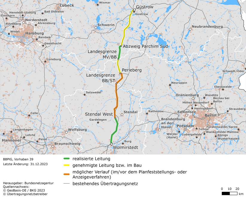 (möglicher) Trassenverlauf der Leitung Güstrow – Parchim Süd – Perleberg – Stendal West – Wolmirstedt (BBPlG-Vorhaben 39)
