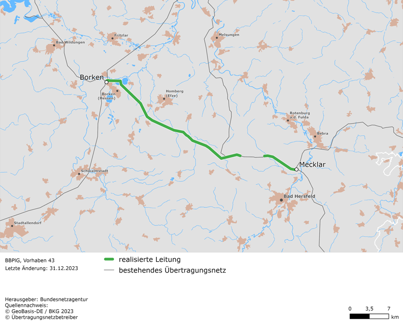 Luftlinie zwischen den Netzverknüpfungspunkten Borken und Mecklar (BBPlG-Vorhaben 43)