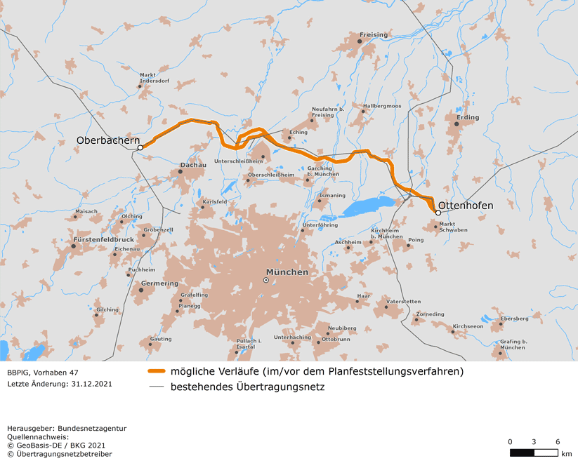 möglicher Trassenverlauf der Leitung zwischen den Netzverknüpfungspunkten Oberbachern und Ottenhofen (BBPlG-Vorhaben 47)