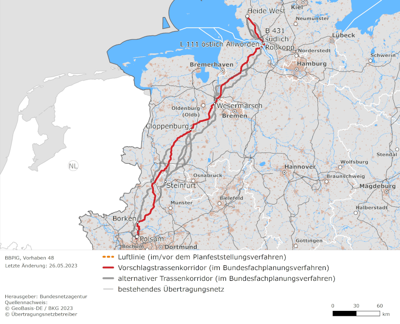 Luftlinien zwischen den Netzverknüpfungspunkten Heide West, Roßkopp und Polsum (BBPlG-Vorhaben 48)
