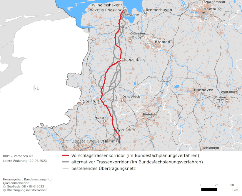Luftlinie und möglicher Trassenverlauf zwischen den Räumen Wilhelmshaven/Landkreis Friesland und Lippetal/Welver/Hamm (BBPlG-Vorhaben 49)