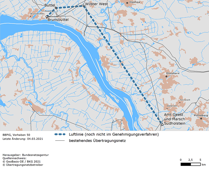Luftlinien zwischen den Netzverknüpfungspunkten Brunsbüttel, Büttel, Wilster West, Amt Geest und Marsch Südholstein (BBPlG-Vorhaben 50)