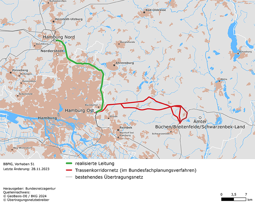(möglicher) Trassenverlauf bzw. Luftlinie zwischen den Netzverknüpfungspunkten Hamburg Nord, Hamburg Ost und Krümmel (BBPlG-Vorhaben 51)