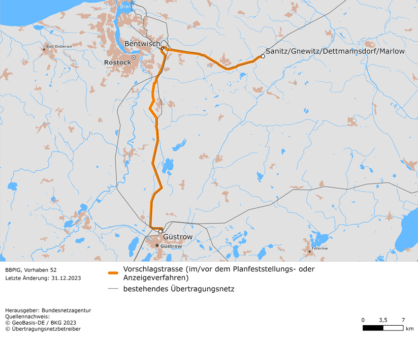 Luftlinien zwischen den Netzverknüpfungspunkten Güstrow, Bentwisch und Sanitz/Gnewitz/Dettmannsdorf/Marlow (BBPlG-Vorhaben 52)