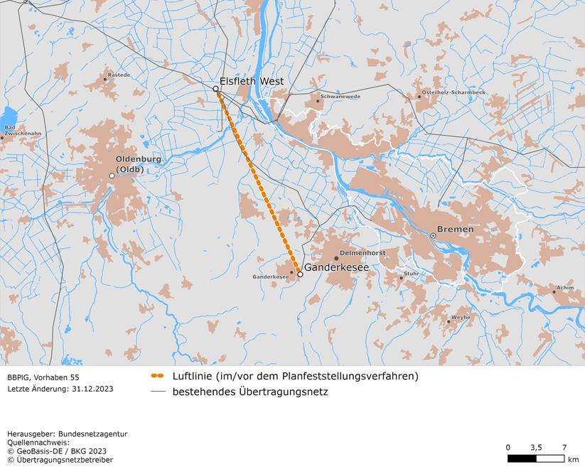 Luftlinie zwischen den Netzverknüpfungspunkten Elsfleth West und Ganderkesee mit Abzweig Niedervieland (BBPlG-Vorhaben 55)