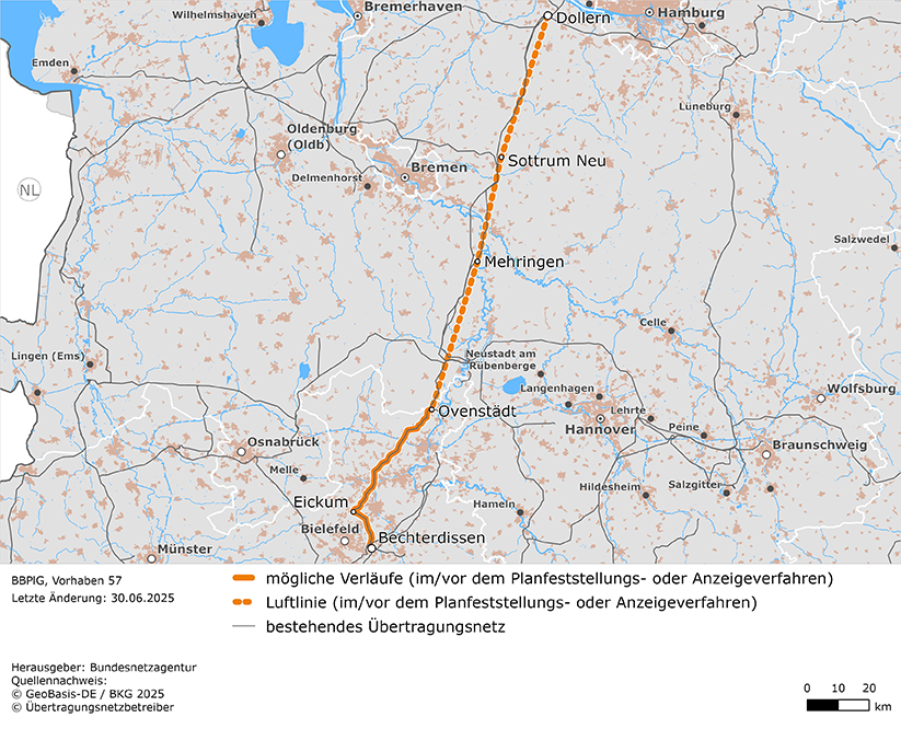 Luftlinien und möglicher Trassenverlauf der Leitung Dollern – Samtgemeinde Sottrum – Grafschaft Hoya – Ovenstädt – Eickum – Bechterdissen (BBPlG-Vorhaben 57) Luftlinien und möglicher Trassenverlauf der Leitung Dollern – Samtgemeinde Sottrum – Grafschaft Hoya – Ovenstädt – Eickum – Bechterdissen (BBPlG-Vorhaben 57)