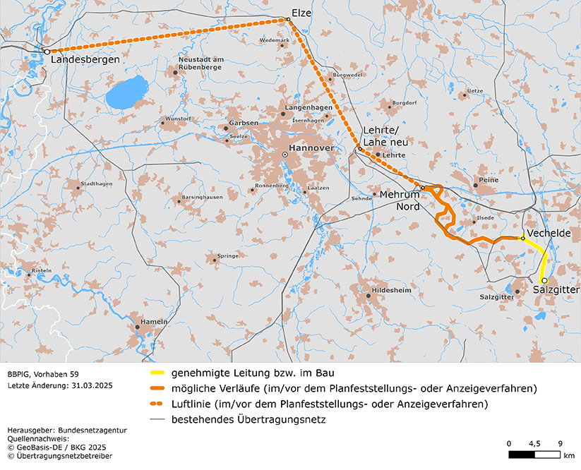 Luftlinien und (möglicher) Trassenverlauf der Leitung Landesbergen – Lehrte – Mehrum Nord – Vechelde – Salzgitter (BBPlG-Vorhaben 59) Luftlinien und (möglicher) Trassenverlauf der Leitung Landesbergen – Lehrte – Mehrum Nord – Vechelde – Salzgitter (BBPlG-Vorhaben 59)
