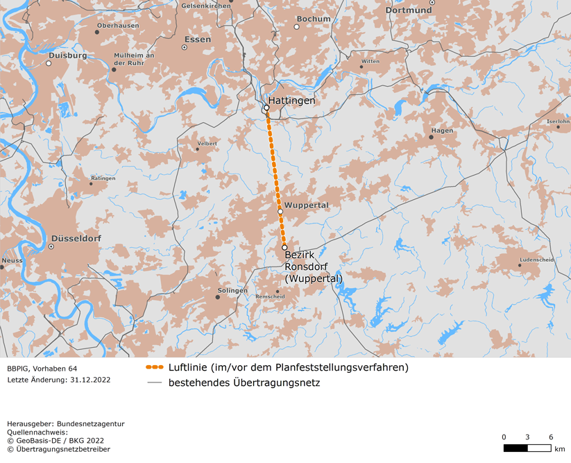 Luftlinie zwischen den Netzverknüpfungspunkten Hattingen und Bezirk Ronsdorf (Wuppertal) (BBPlG-Vorhaben 64)