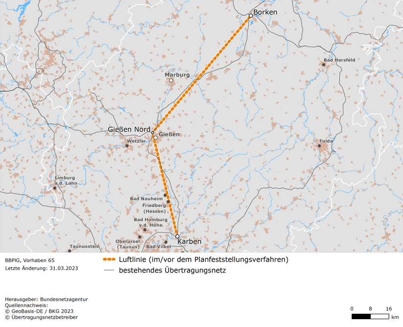 Luftlinien zwischen den Netzverknüpfungspunkten Borken, Gießen Nord und Karben (BBPlG-Vorhaben 65)