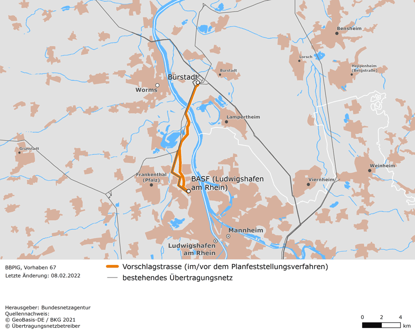 möglicher Trassenverlauf zwischen den Netzverknüpfungspunkten Bürstadt und BASF (BBPlG-Vorhaben 67)