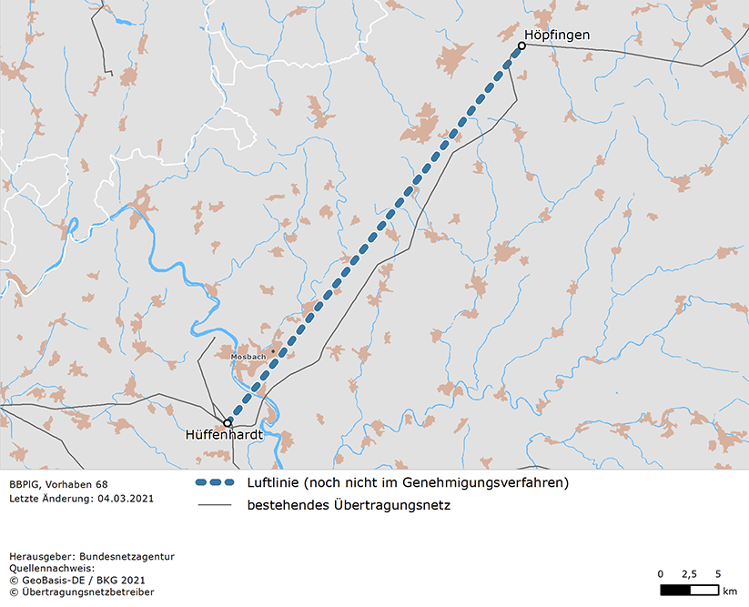 Luftlinie zwischen den Netzverknüpfungspunkten Höpfingen und Hüffenhardt (BBPlG-Vorhaben 68)