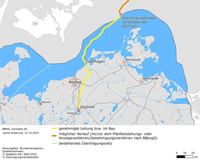 möglicher Trassenverlauf der Leitung Güstrow – Schweden (BBPlG-Vorhaben 69)