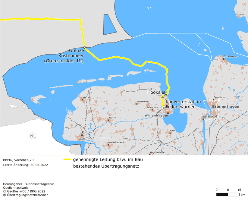 Trassenverlauf zwischen der Konverterstation Fedderwarden und der Grenze des deutschen Küstenmeeres (BBPlG-Vorhaben 70)