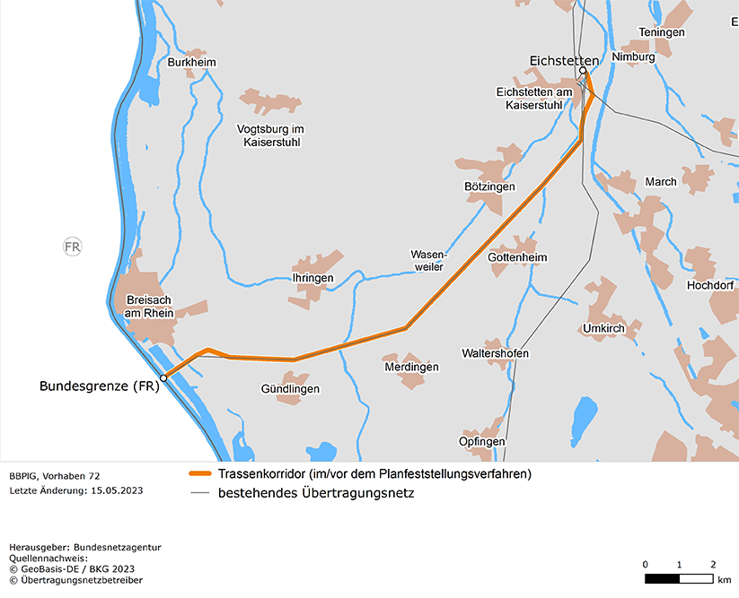 Luftlinie zwischen dem Netzverknüpfungspunkt Eichstetten und der Grenze zu Frankreich (BBPlG-Vorhaben 72)