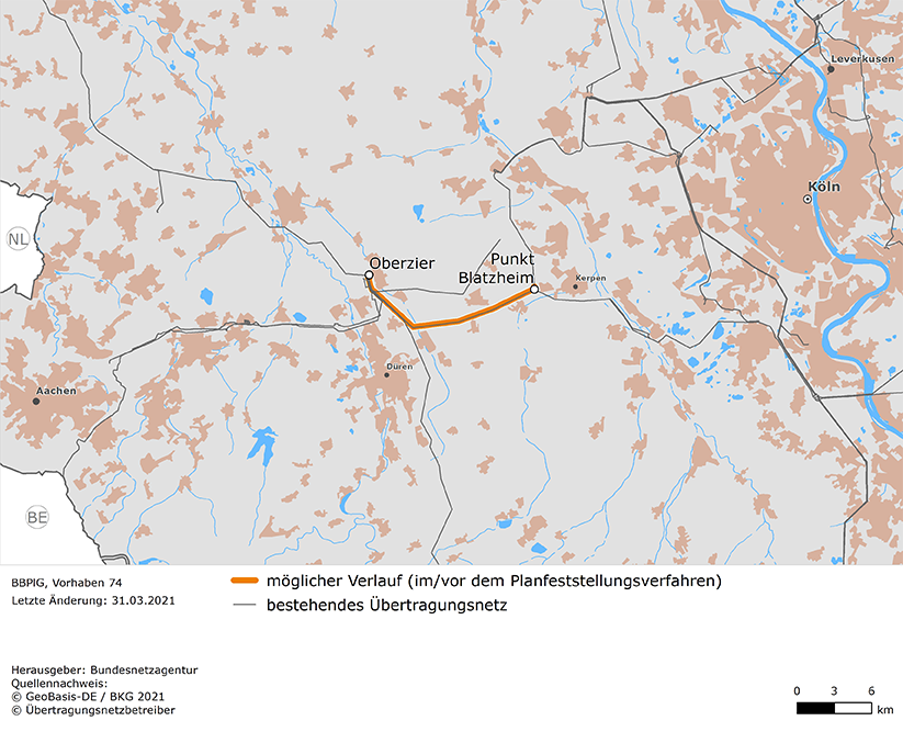möglicher Trassenverlauf der Leitung Punkt Blatzheim - Oberzier (BBPlG-Vorhaben 74) möglicher Trassenverlauf der Leitung Punkt Blatzheim - Oberzier (BBPlG-Vorhaben 74)