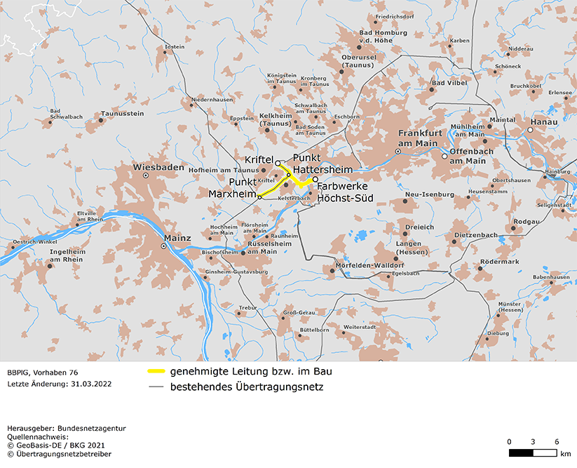 Luftlinien zwischen Kriftel und dem Punkt Marxheim sowie möglicher Trassenverlauf zwischen dem Punkt Hattersheim und den Farbwerken Höchst-Süd (BBPlG-Vorhaben 76)