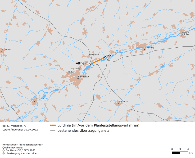 Luftlinie zwischen den Netzverknüpfungspunkten Isar und Altheim (BBPlG-Vorhaben 77)