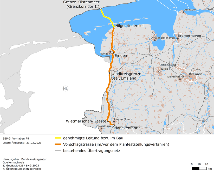(möglicher) Trassenverlauf der Leitung zwischen dem Netzverknüpfungspunkt Hanekenfähr, Emden und der Grenze des deutschen Küstenmeeres (BBPlG-Vorhaben 78)