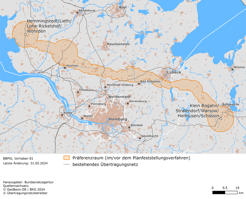 Luftlinie zwischen den Netzverknüpfungspunkten Hemmingstedt / Lieth / Lohe-Rickelshof / Wöhrden und Klein Rogahn / Stralendorf / Warsow / Holthusen-Schossin (BBPlG-Vorhaben 81)