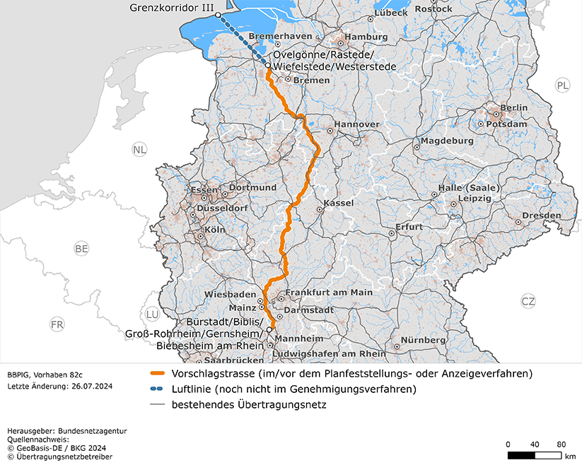 Luftlinie und möglicher Trassenverlauf des Vorhabens Grenzkorridor N-III – Bürstadt / Biblis / Groß-Rohrheim / Gernsheim / Biebesheim am Rhein (BBPlG-Vorhaben 82c) Luftlinie und möglicher Trassenverlauf des Vorhabens Grenzkorridor N-III – Bürstadt / Biblis / Groß-Rohrheim / Gernsheim / Biebesheim am Rhein (BBPlG-Vorhaben 82c)