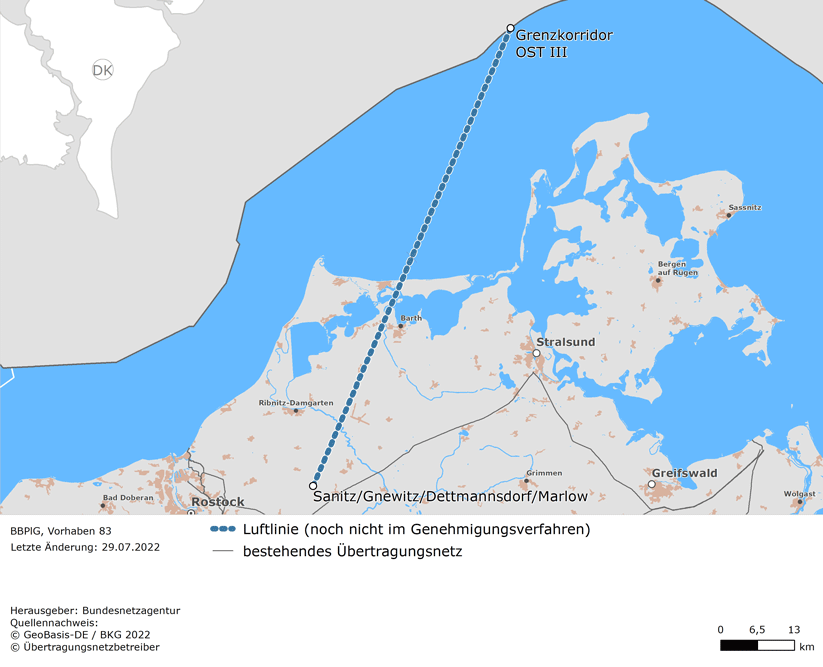 Luftlinie zwischen dem Netzverknüpfungspunkt Sanitz / Gnewitz / Dettmannsdorf / Marlow und der Grenze des deutschen Küstenmeeres (BBPlG-Vorhaben 83)